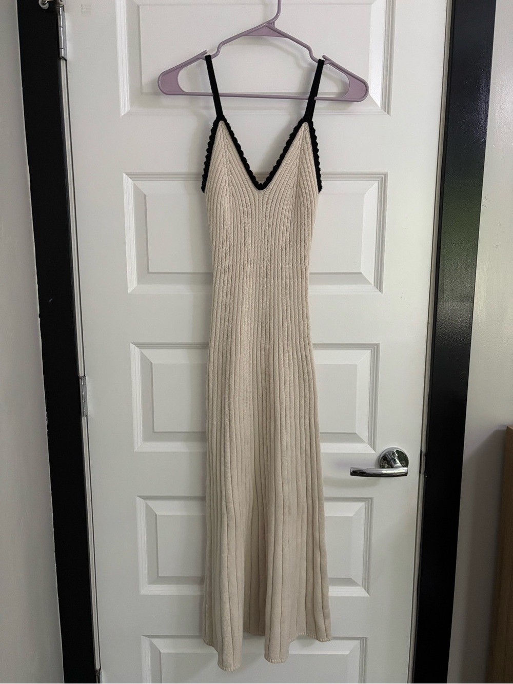 Freshman 1996 Ribbed Cream Knit Maxi Dress with Black Trim, Size Small